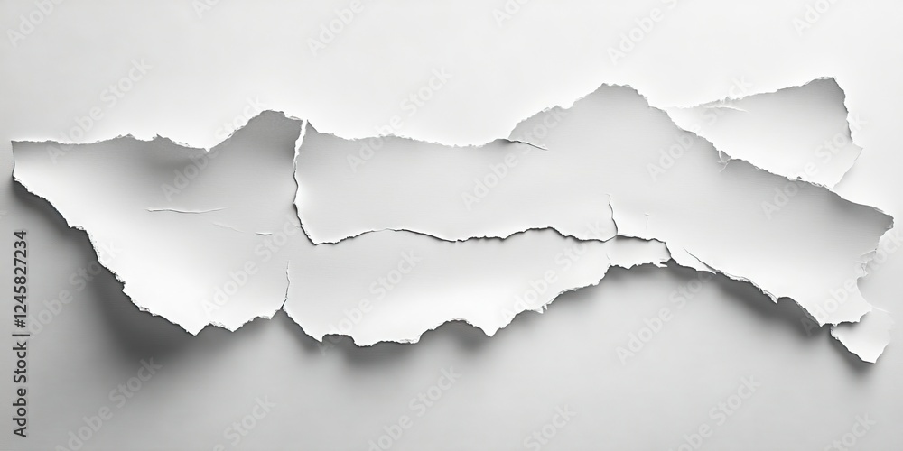 Poster torn white paper textures arranged diagonally on a smooth gray backdrop with soft shadows creating d