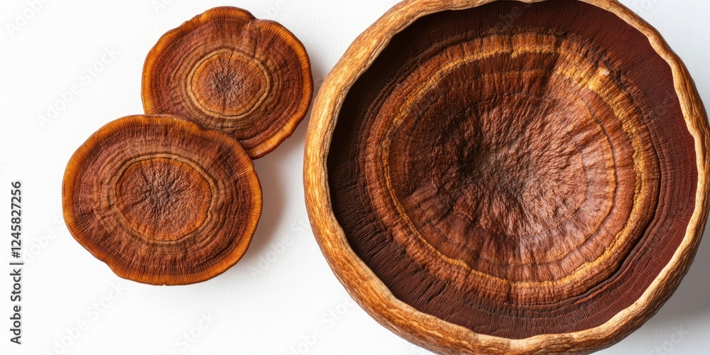 Poster close up view of reishi mushrooms in shades of brown and orange on a white background, featuring cir
