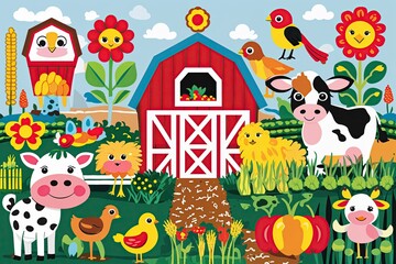 Fototapeta premium Playful Farm-Themed Sticker Collection with Vibrant Animals and Crops for Arts and Crafts