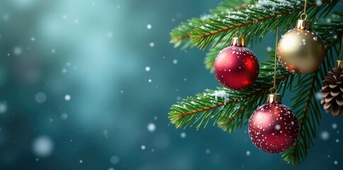 Snowflakes gently fall onto a fir branch adorned with shiny Christmas ornaments, pinecone, snowflake, holiday