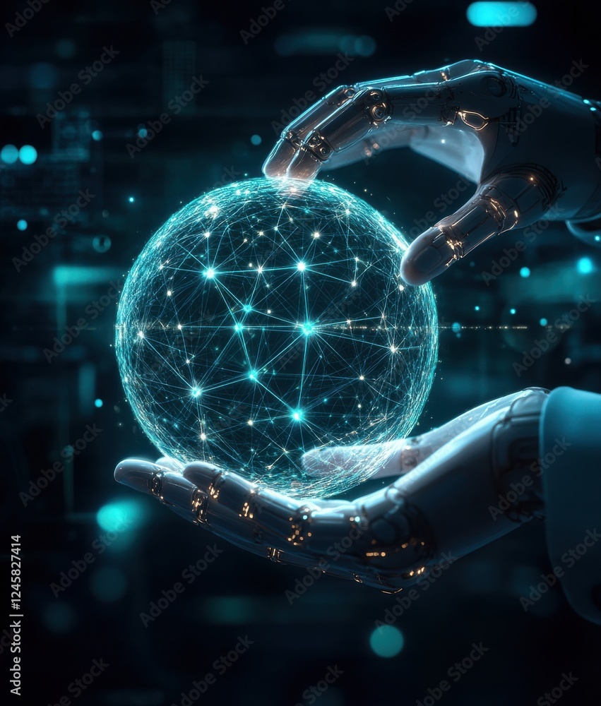 Poster futuristic robotic hands holding a glowing network sphere with connection points, symbolizing techno