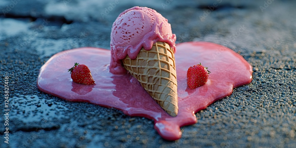Poster melting strawberry ice cream cone on a dark surface with red strawberry accents and a heart-shaped m