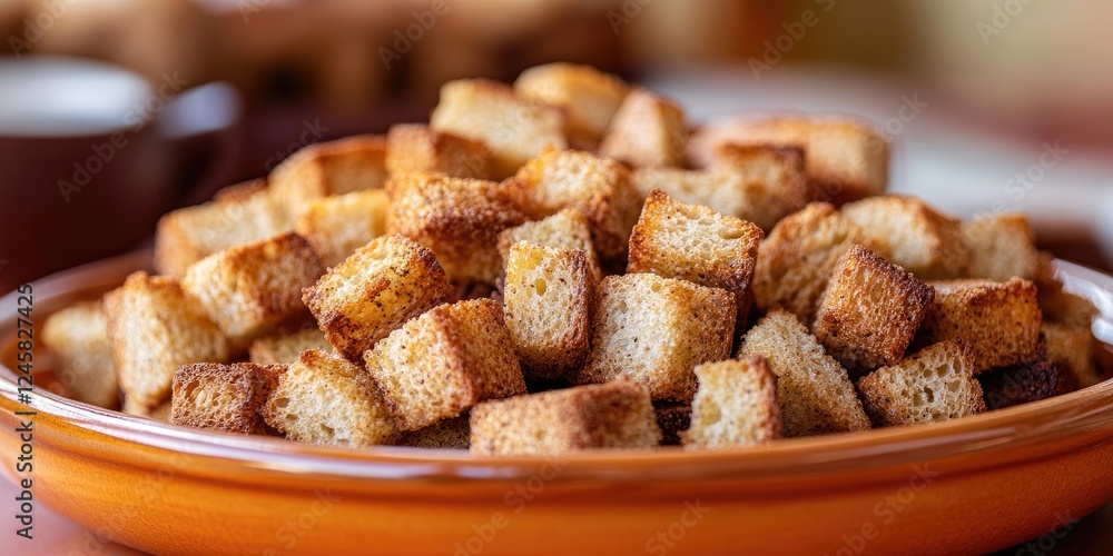 Poster golden brown crispy bread croutons piled high in a warm terracotta bowl on a rustic table with a blu