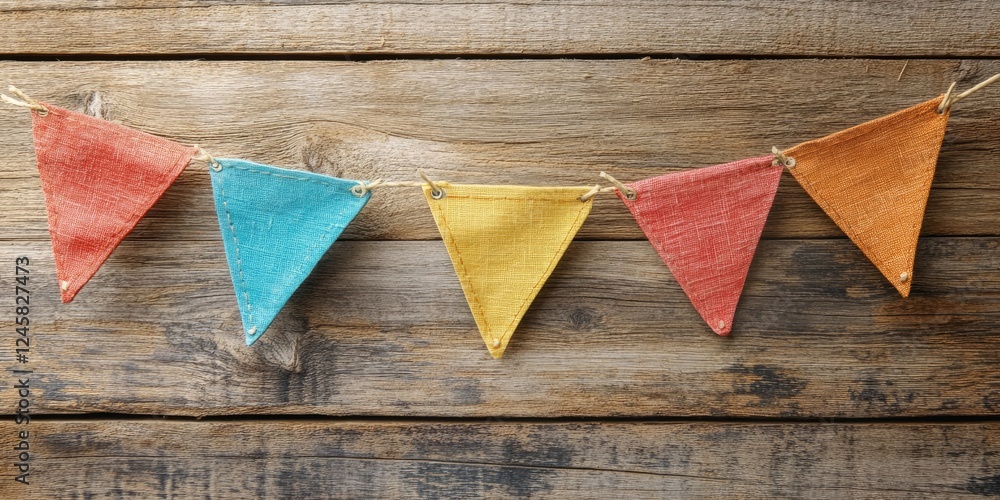 Poster colorful fabric flags in red, teal, yellow, and orange arranged in a festive line against a rustic w