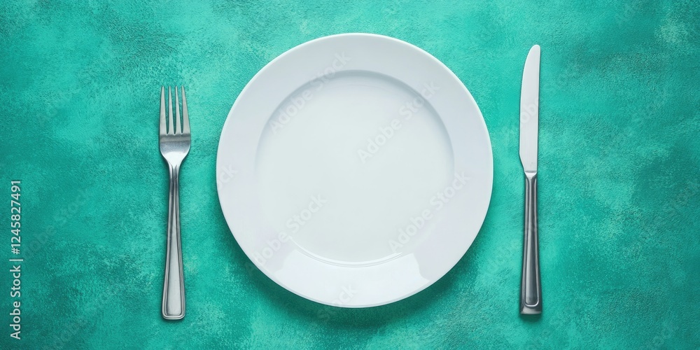 Poster white plate centered with silver fork on the left and knife on the right against a textured green st