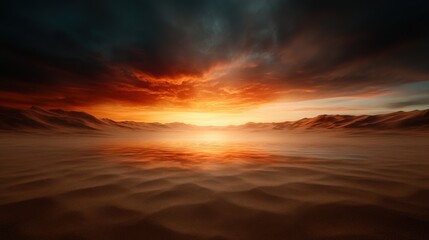 Obraz premium A stunning view of a vibrant sunset illuminating sand dunes, creating a beautiful color palette that evokes emotions of peace and tranquility in a vast landscape.