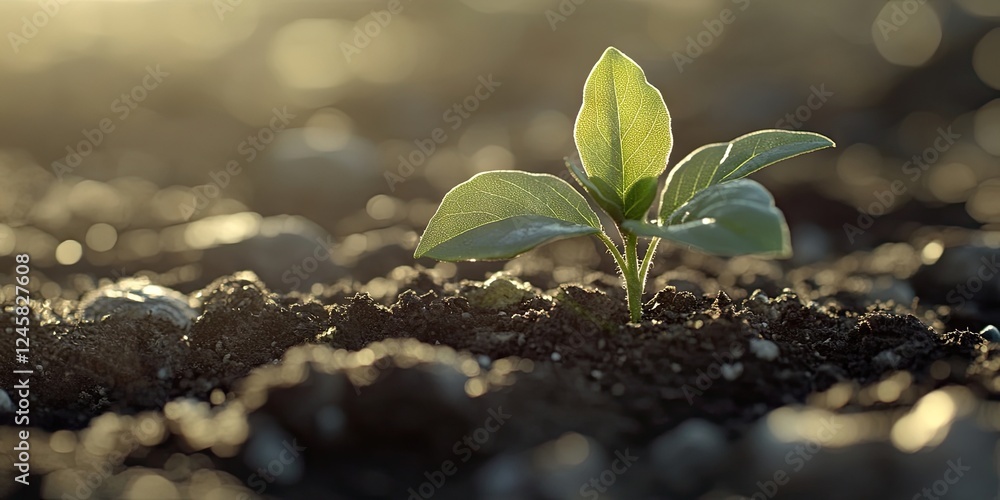 Poster Vibrant green seedling emerging from dark soil with soft sunlight in the background creating a warm, tranquil atmosphere highlighting growth and new beginnings.