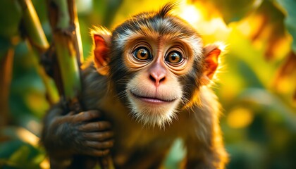 Mischievous Monkey with Expressive Eyes in a Lush Jungle - A Playful Spirit of Nature - Perfect for Animal Lovers and Wildlife Events