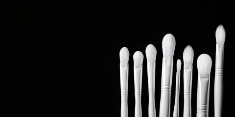 White nail design brushes arranged in a horizontal line on the right side against a smooth black background creating a sleek minimalist aesthetic.