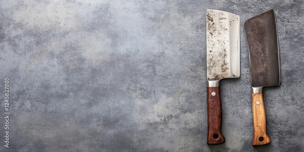 Poster two large kitchen knives with wooden handles positioned on a textured grey surface against an empty 