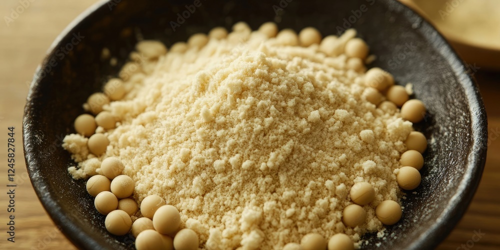Poster soybeans and kinako in a rustic bowl with light brown soy flour centrally piled and beige soybeans s
