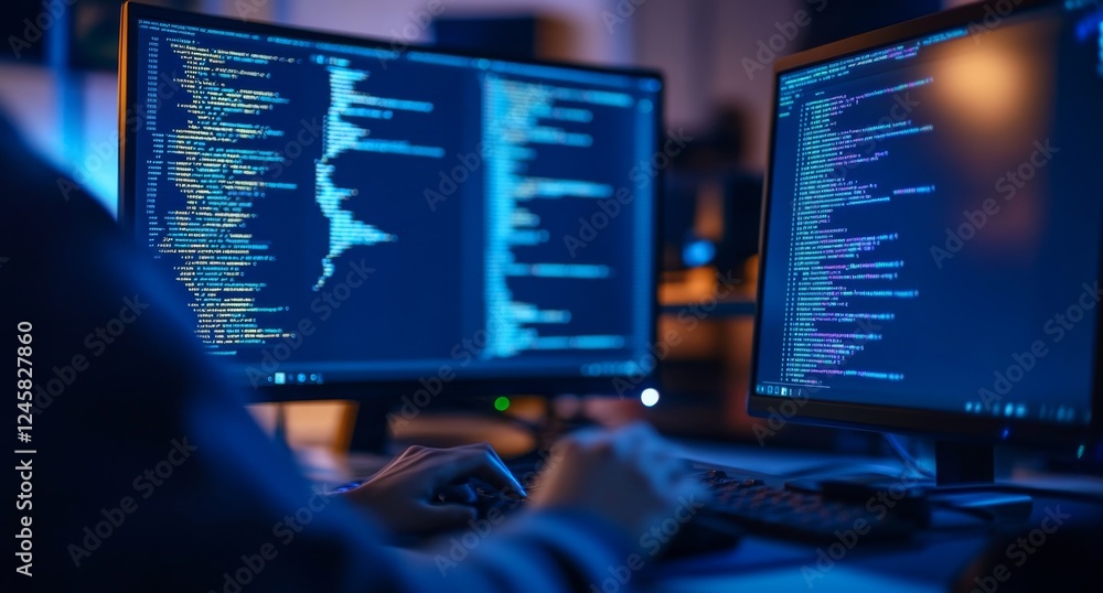 Poster programmer coding late night, dual monitors, office, software development (1)