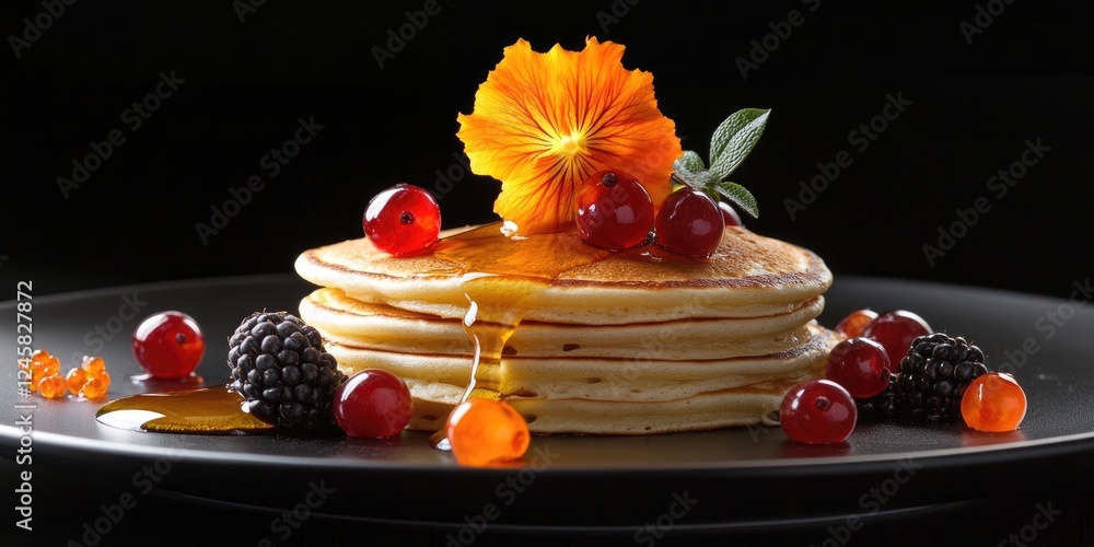 Poster delicious stack of pancakes with syrup garnished with berries and physalis on a black plate against 