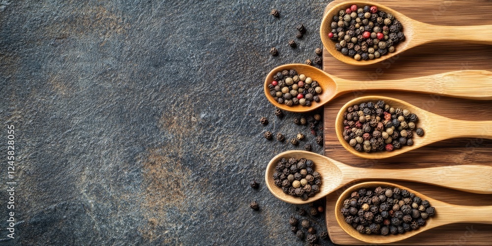 Poster Colorful spoons filled with various peppercorns arranged on a dark wooden surface with ample blank space on the right for text placement