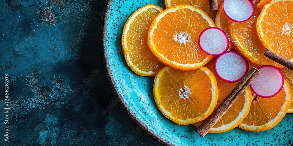 Poster colorful arrangement of orange slices and radishes on a turquoise plate against a dark textured back
