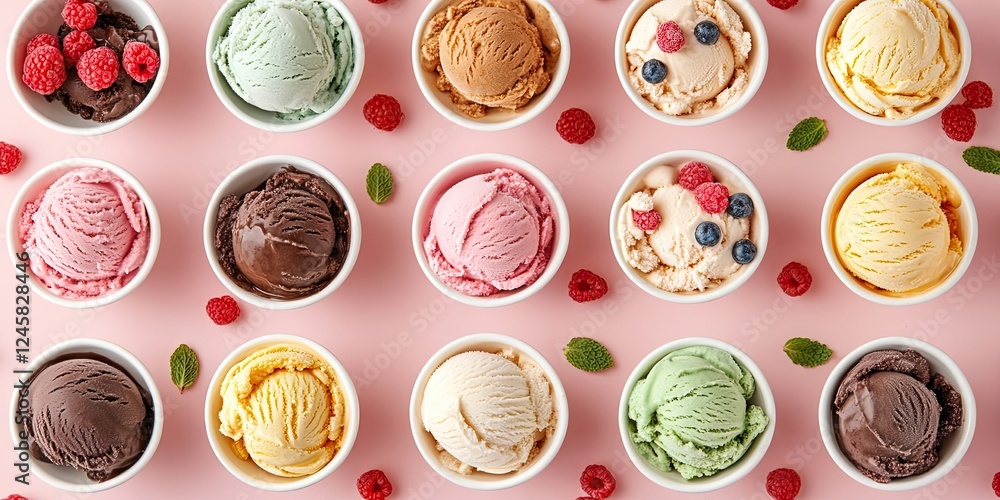 Poster colorful assortment of ice cream scoops in white cups arranged neatly on a pink background with rasp
