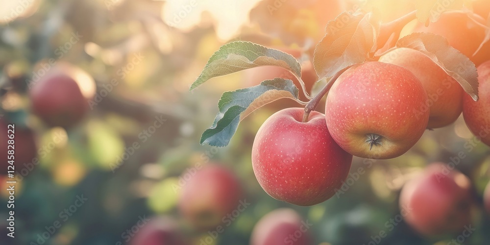 Poster Close-up of ripe red apples hanging from a green branch with soft sunlight filtering through leaves creating a warm, inviting atmosphere.