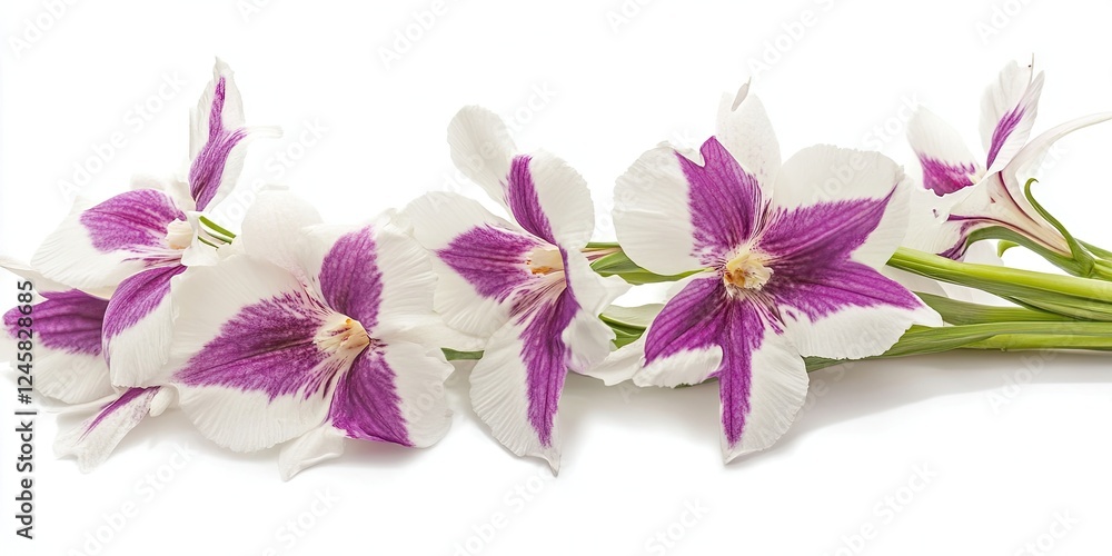 Poster vibrant white orchids with striking purple patterns arranged in a graceful line against a clean whit