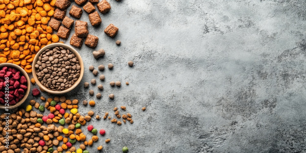 Poster pet food assortment featuring dry and wet varieties in bowls with vibrant colors on a textured grey 