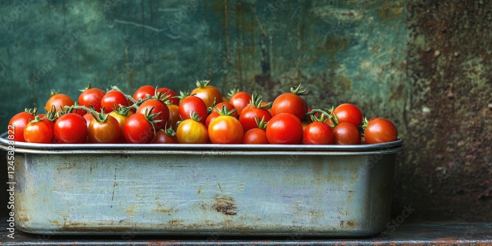Poster Vibrant ripe cherry tomatoes in a rustic metal container positioned centrally against a textured green backdrop with a hint of rust.