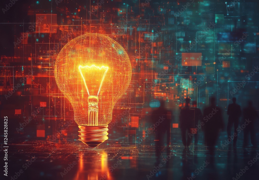 Poster glowing light bulb in digital environment representing innovation and technology with silhouetted fi
