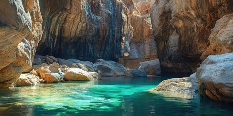 Tranquil turquoise water in a secluded rocky canyon illuminated by sunlight with textured cliffs highlighting deep, serene natural beauty.