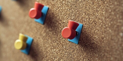 Colorful push pins on a cork board holding a blank piece of paper at the center with a warm brown background creating an inviting workspace atmosphere.