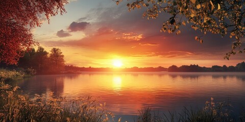 Tranquil lake sunset scene with vibrant orange and yellow hues reflecting on water surrounded by lush greenery and colorful autumn foliage.