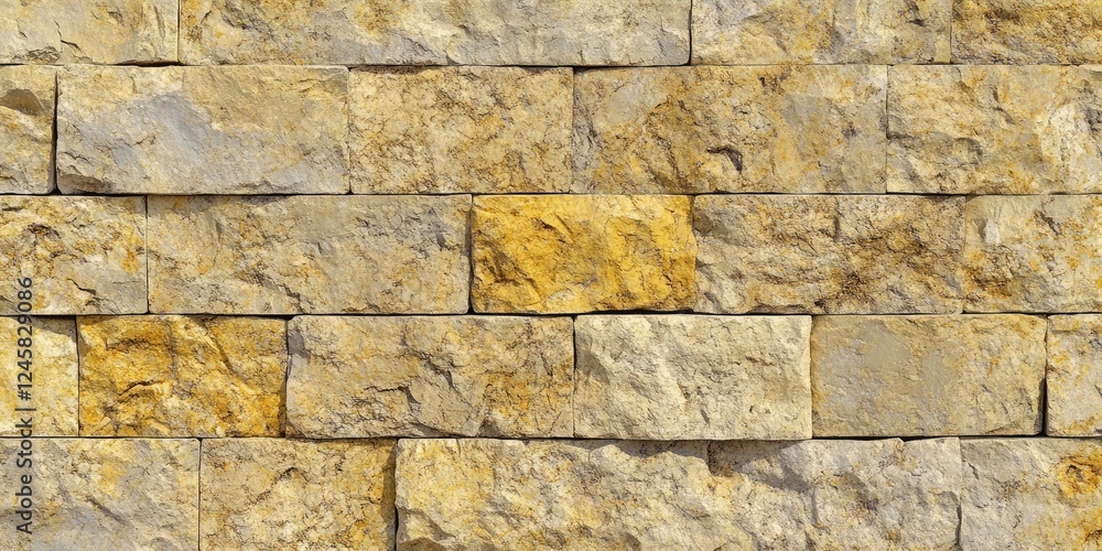 Fototapete Textured stone wall featuring varying shades of yellow and light gray bricks arranged in a rectangular pattern with natural imperfections.