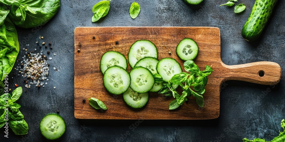 Poster freshly sliced cucumber on a wooden cutting board surrounded by green basil leaves and spinach on a 