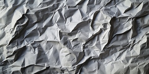 Crumpled grey paper texture with deep wrinkles creating an abstract background pattern, featuring various shades of grey and intricate folds.