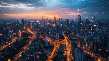 Obraz premium A futuristic holographic map of a city, showing glowing lines of commerce and ideas, symbolizing the impact of education on urban progress and innovation.