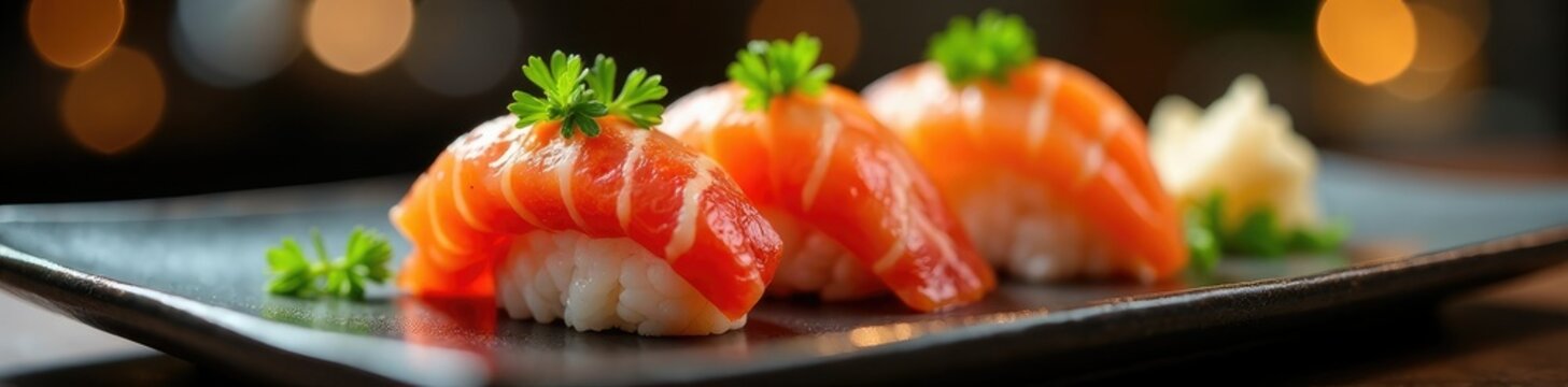 Un estante con un efecto de luz que hace resaltar los colores arco?ris del sushi, estante, presentaci?n, comida