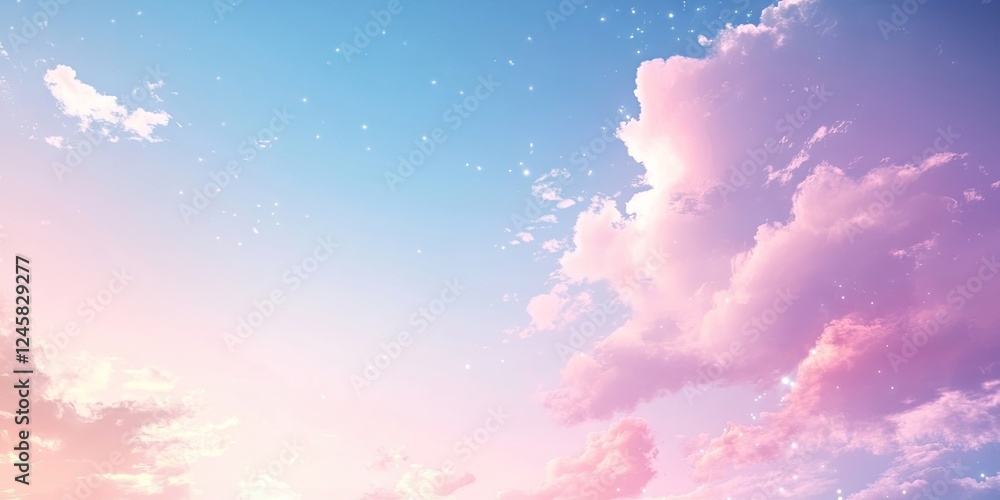 Poster pastel sky with gradient hues of blue and pink clouds glowing softly, blending into a serene twiligh