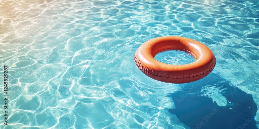 Aufkleber bright blue pool water with sunlight reflections and a textured orange lifebuoy floating in the cent
