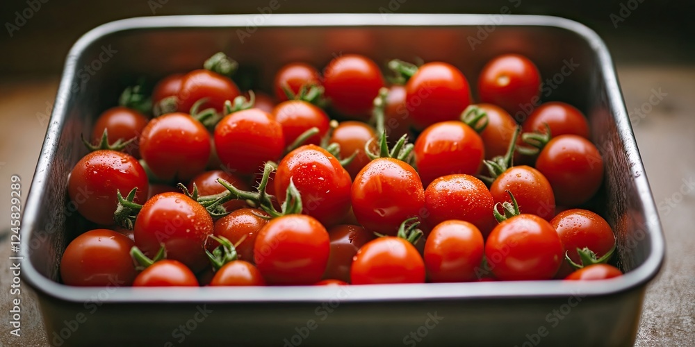 Poster metal container filled with bright red cherry tomatoes with green stems positioned centrally on a ru