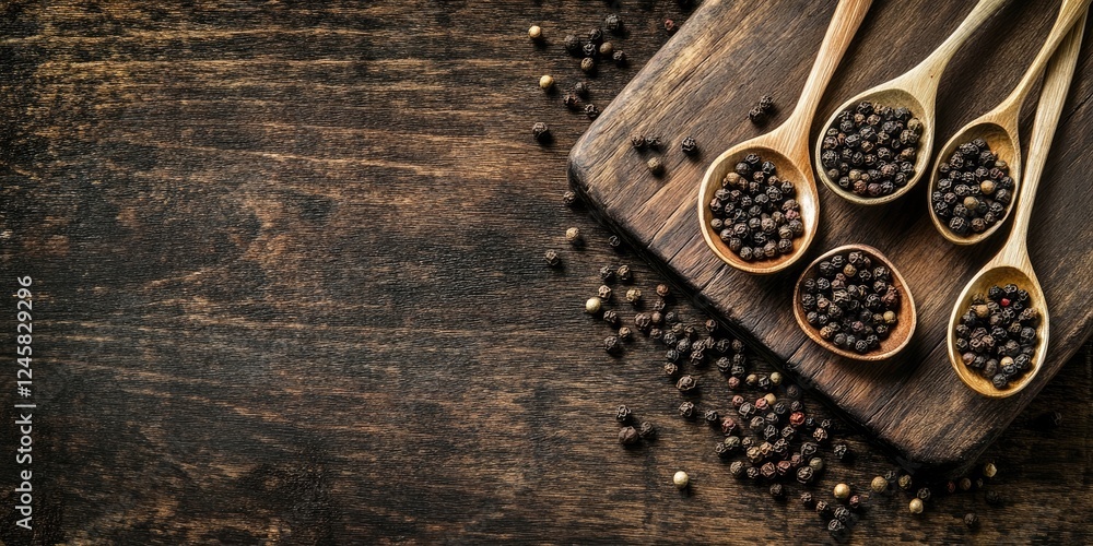 Poster four wooden spoons filled with black pepper arranged on a dark wooden board with a rustic background