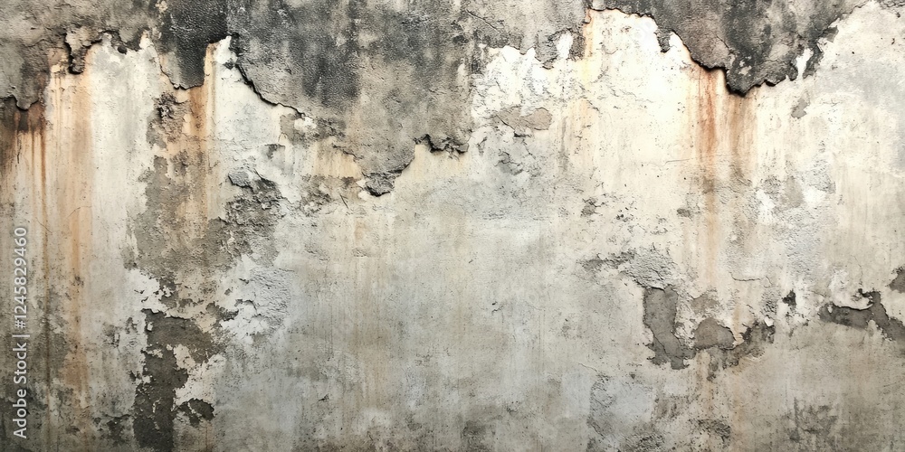 Aufkleber weathered concrete wall with peeling paint and rust stains in gray and earthy tones, showcasing text