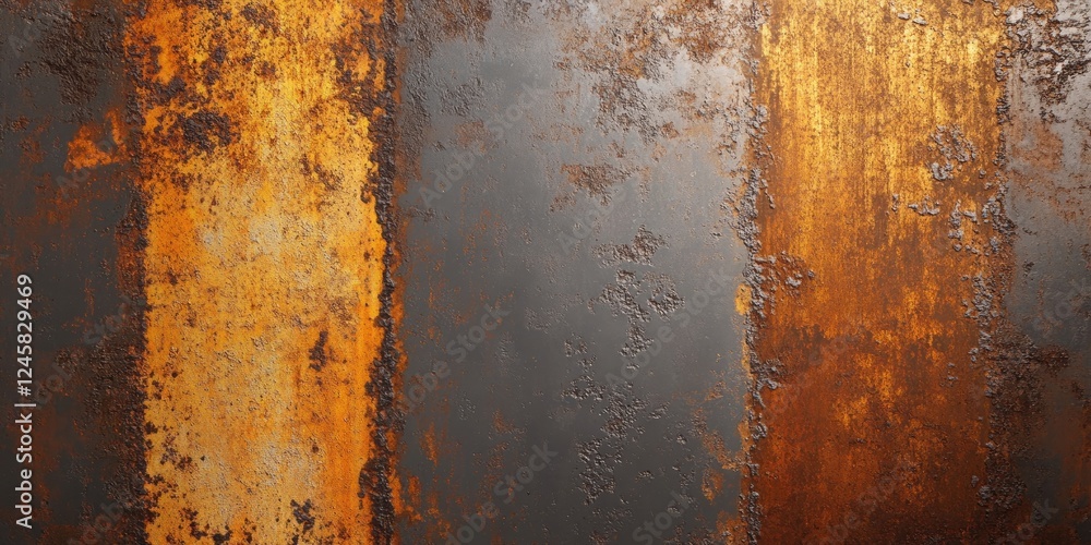 Poster Rusty metallic surface texture featuring orange, brown, and dark gray colors with irregular patterns and scratches positioned vertically.