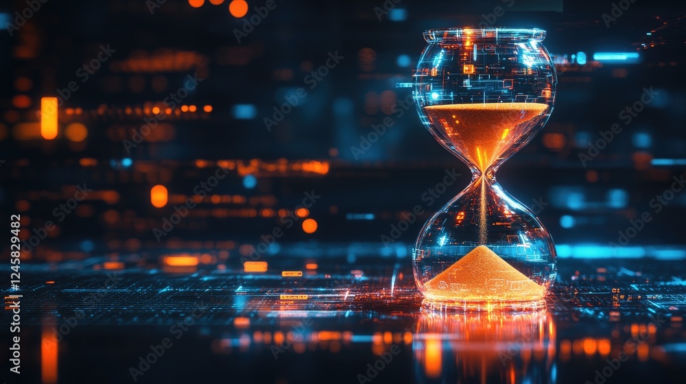 Poster a futuristic hourglass made of digital concepts with sand flowing down, representing the passage of 