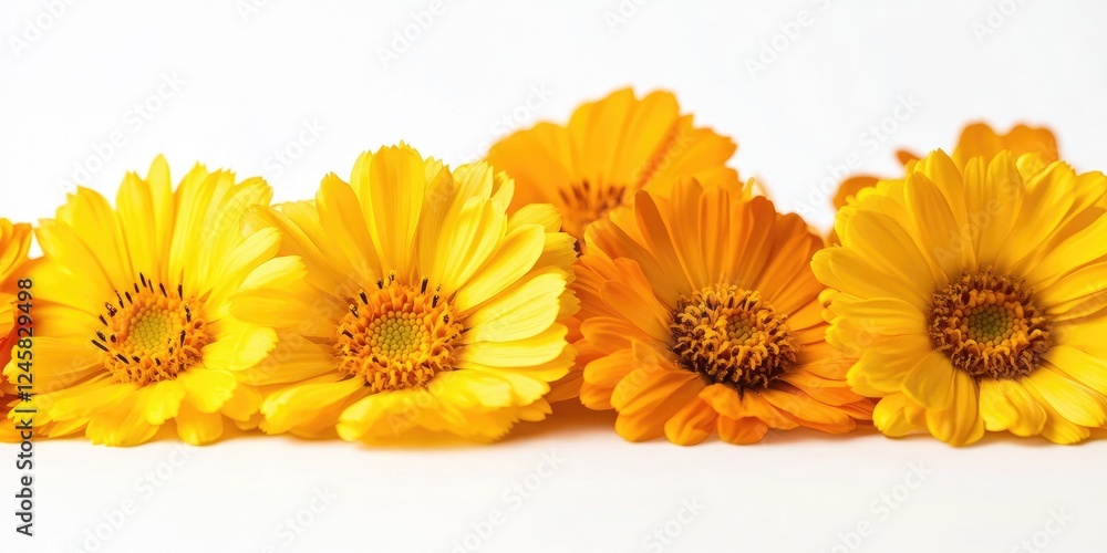 Poster vibrant yellow and orange calendula flowers arranged in a line on a white background with a macro pe