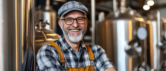 A smiling older man in a plaid shirt and cap stands confidently among industrial brewing equipment.