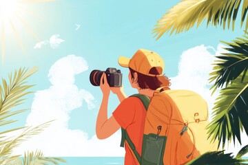 Obraz premium Young traveler capturing stunning coastal views surrounded by lush greenery during bright daytime