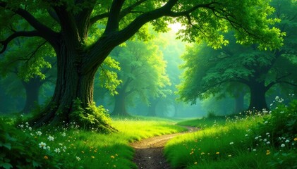 Obraz premium Adishi grove with lush greenery and trees under the shade of giant conifers, tranquility, tree