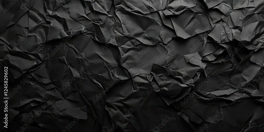 Poster Textured black crumpled paper background with deep shadows and highlights creating a dramatic and artistic effect suitable for various design projects.