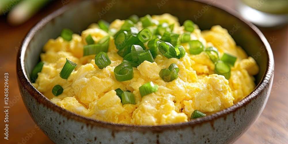 Poster creamy scrambled eggs topped with fresh green onions served in a rustic bowl with wooden table backg