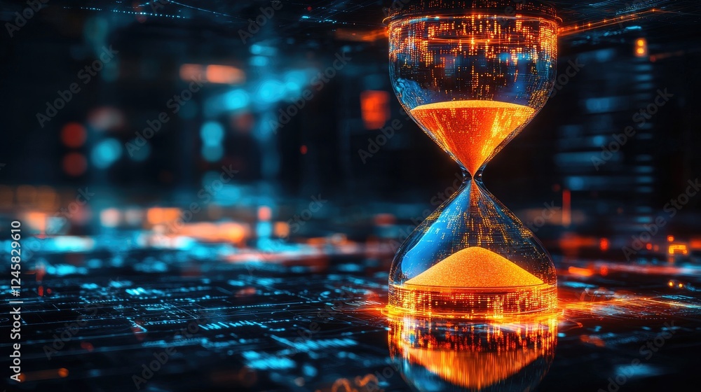 Poster a futuristic hourglass made of digital concepts with sand flowing down, representing the passage of 