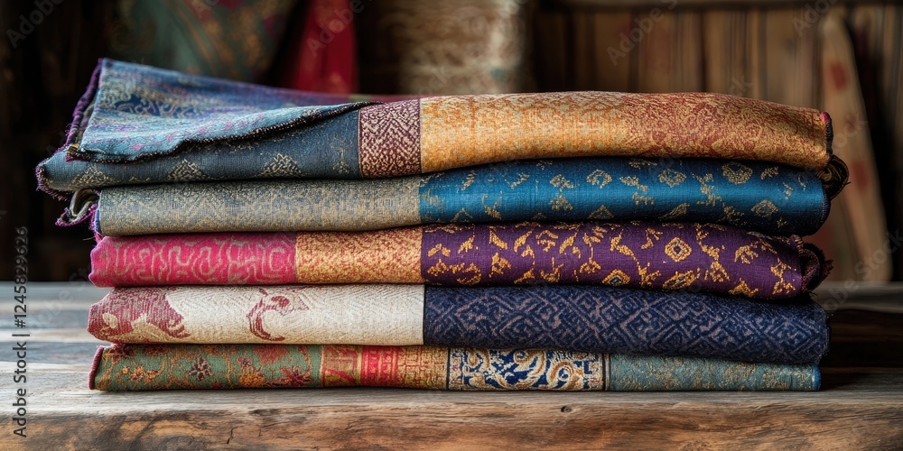 Aufkleber Colorful Tibetan fabric neatly stacked on a rustic wooden surface showing intricate patterns in various shades of blue, red, gold, and purple.