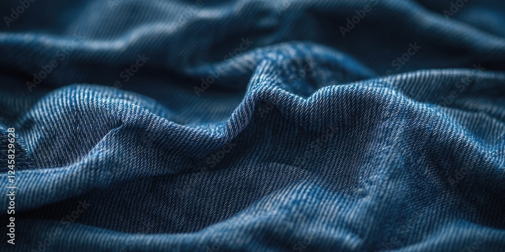 Poster blue denim fabric displaying detailed texture and seams in soft folds with varying depth, focusing o