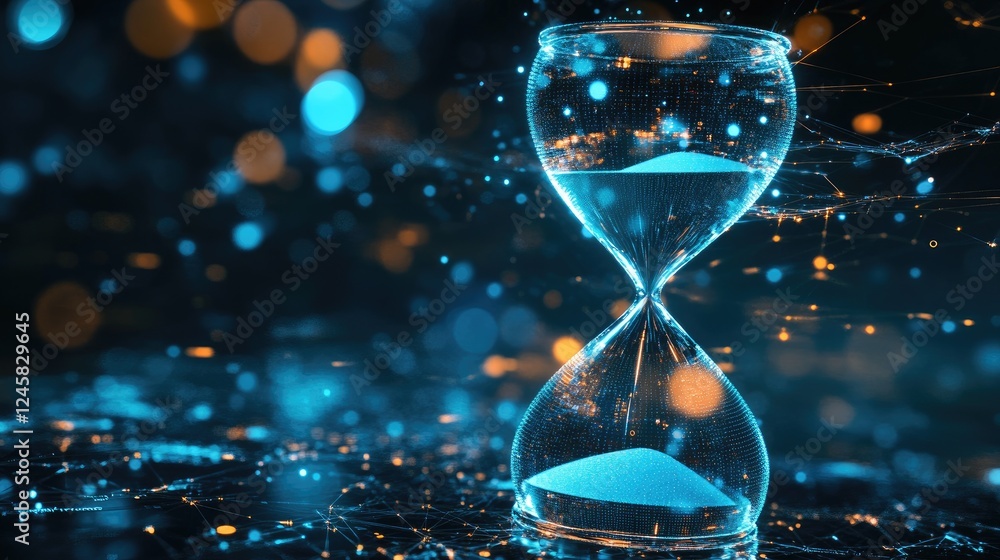 Poster a futuristic hourglass made of digital concepts with sand flowing down, representing the passage of 